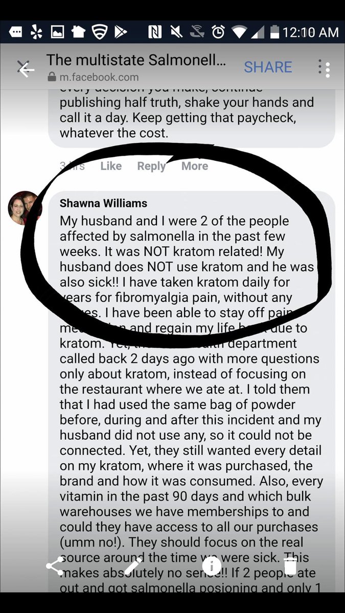 NuckChorris16's tweet photo. Shawna Williams made it known to the @CDCgov that their salmonella case was most likely due to food from a local restaurant. @SGottliebFDA and the @US_FDA appear to have no problem perpetuating the myths about #kratom. #keepkratom #iamkratom https://t.co/Wxua4F61hW