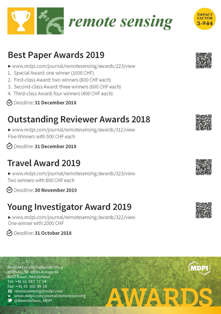 RemoteSens_MDPI's tweet photo. 🎉🎉We would like to announce that there are four #awards open in #remotesensing Journal.🎉🎉 
For more information, please see https://t.co/Zuw4Ylj5ie https://t.co/Vw3TKhXhg5