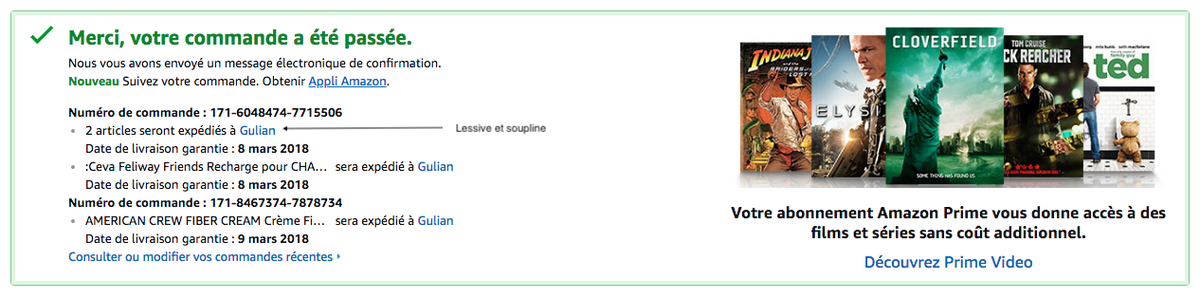 Gulian's tweet image. C'est avec surprise et stupéfaction que je constate que @AmazonFR a retiré la fonctionnalité de partage de commande sur les réseaux sociaux, au profit d'une pub pour Amazon Video. En signe de protestation je vous publie en exclusivité l'intégralité de ma commande.