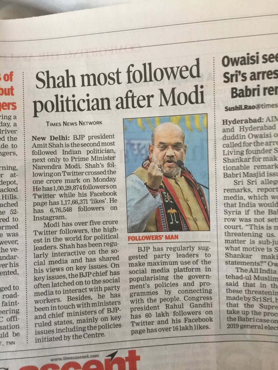 Ram_Guha's tweet photo. An astonishing piece of fake/paid news in the @timesofindia . Kejriwal and Sushma have more followers than Shah! When asked to bend, they crawl.... https://t.co/Sn2GoC1F64