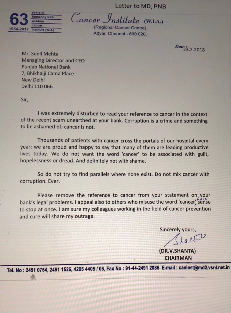 dubay28's tweet photo. What a bold letter to MD/CEO of PNB by Dr. V Shanta, mentioning Cancer is still Curable but Scam is Not. Corruption is a crime &amp; something to be ashamed of; Cancer is not. When you are related to the dynamic, dedicated, honest, Padma Vibhushan Dr.V.Shanta, you are truly blessed. https://t.co/Z12JhCLBKX
