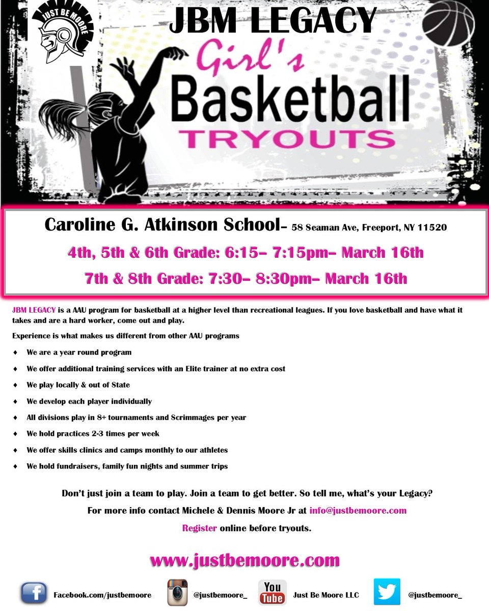 JustBeMoore_'s tweet photo. Family owned company dedicated to developing strong, confident, all around players. Open to girls 8 to 17yrs old. All player's must be accompanied by an adult and a waiver must be signed prior to the tryout. Boys tryouts-4/13.
#retweet #share #supportouryouth #whatsyourlegacy https://t.co/MUyHHMi4cB