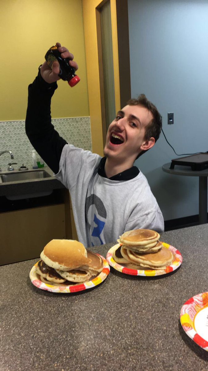 G3Intramurals's tweet photo. Your cake maker after tonights big win... seventeen cakes later, with an 8oz thing of maple syrup, may these cakes rip https://t.co/JPkugjEDX2