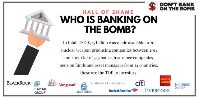 nuclearban's tweet image. Is your financial institution funding the production of #nuclearweapons?  See if your bank made the list and send them a clear message to STOP investing in weapons of mass destruction. dontbankonthebomb.com/take-action-fo… #ProfitsofDoom #EndofNukes