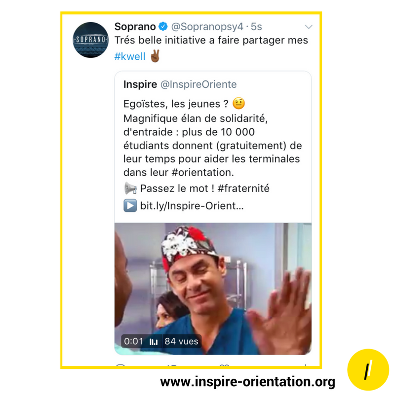 InspireOriente's tweet photo. Avoir le soutien de l'immense @Sopranopsy4 , ça c'est fait ✅ 
#orientation #parcoursup #kwell https://t.co/0fPMNecslO