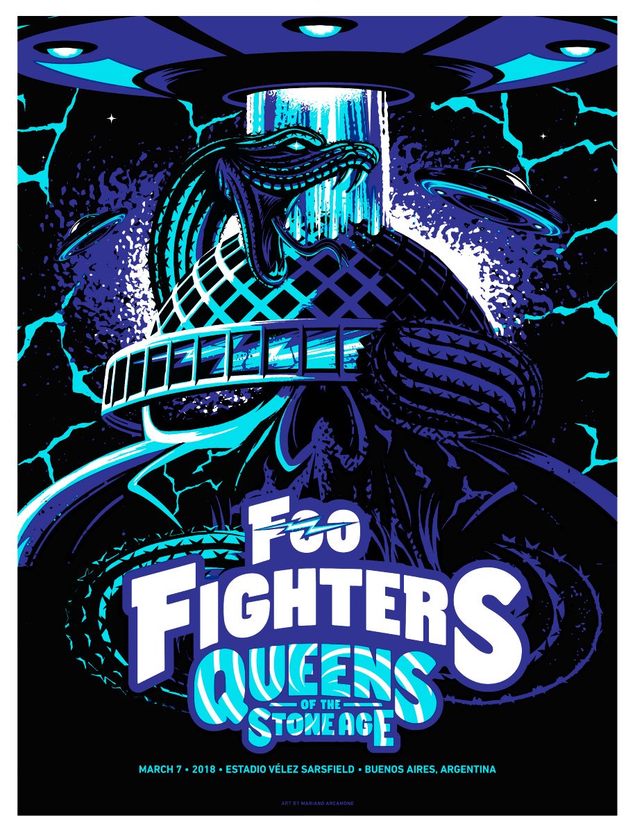 foofighters's tweet photo. ARGENTINA 🇦🇷️ ARE YOU READY???
TONIGHT -> @velezestadio
🎫: https://t.co/Lo7FFzsKA3 

5:00p  Doors
6:30p  #COYA
7:30p  @QOTSA
9:30p  #FooFighters

🖌️ @MarianoArcamone https://t.co/g60UhnSBof