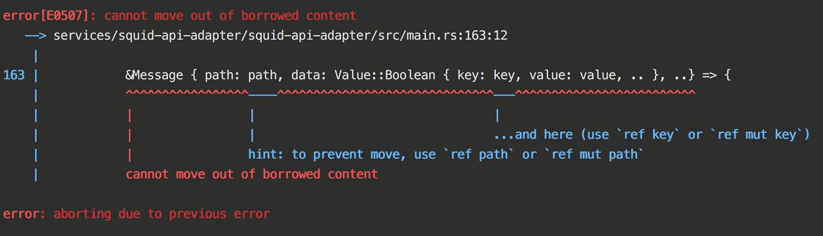 An error message with multiple underlined parts in the program and an error message that says "cannot move out of borrowed content... here... and here..."