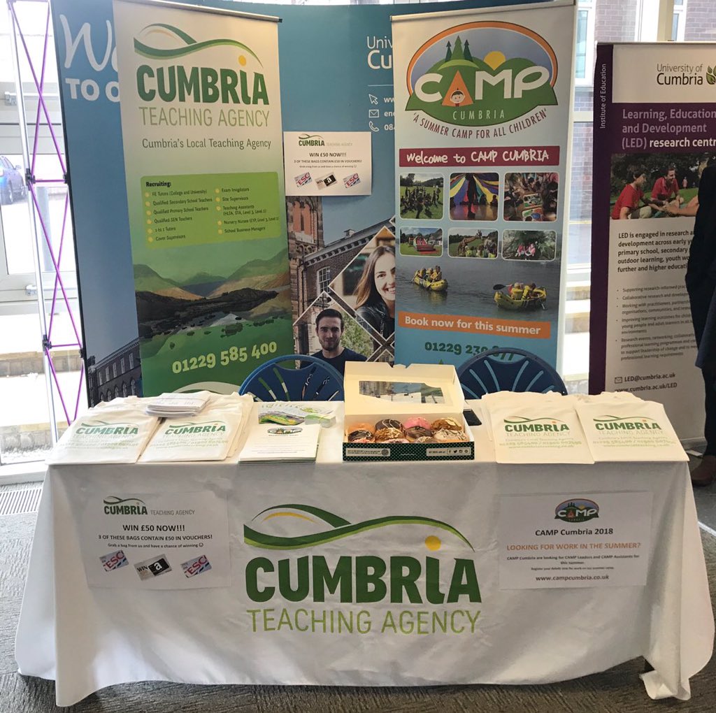 Cumbriateaching's tweet photo. @UoCCareers NQT Fair today in Carlisle!

Come grab a bag off us, you could win £50!!! 😲

Make sure you speak to us today. 

We have lots of teaching work available for September.

#UniversityofCumbria
#NQTFair2018
#CumbriaTeaching https://t.co/HrPzthAWTb