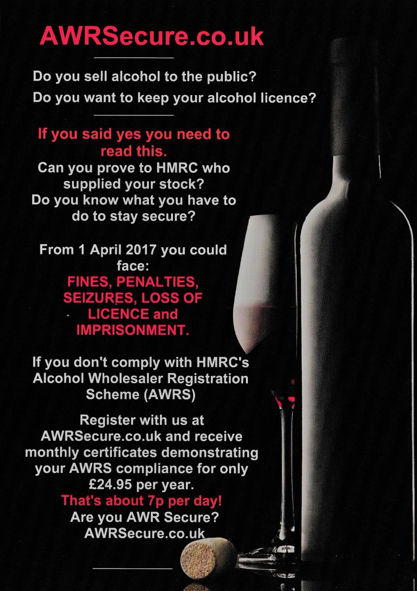 AWRSecure1's tweet image. Register with AWRSecure.co.uk for only £24.95 per year and we’ll provide monthly AWRS status evidence for ALL your alcohol suppliers