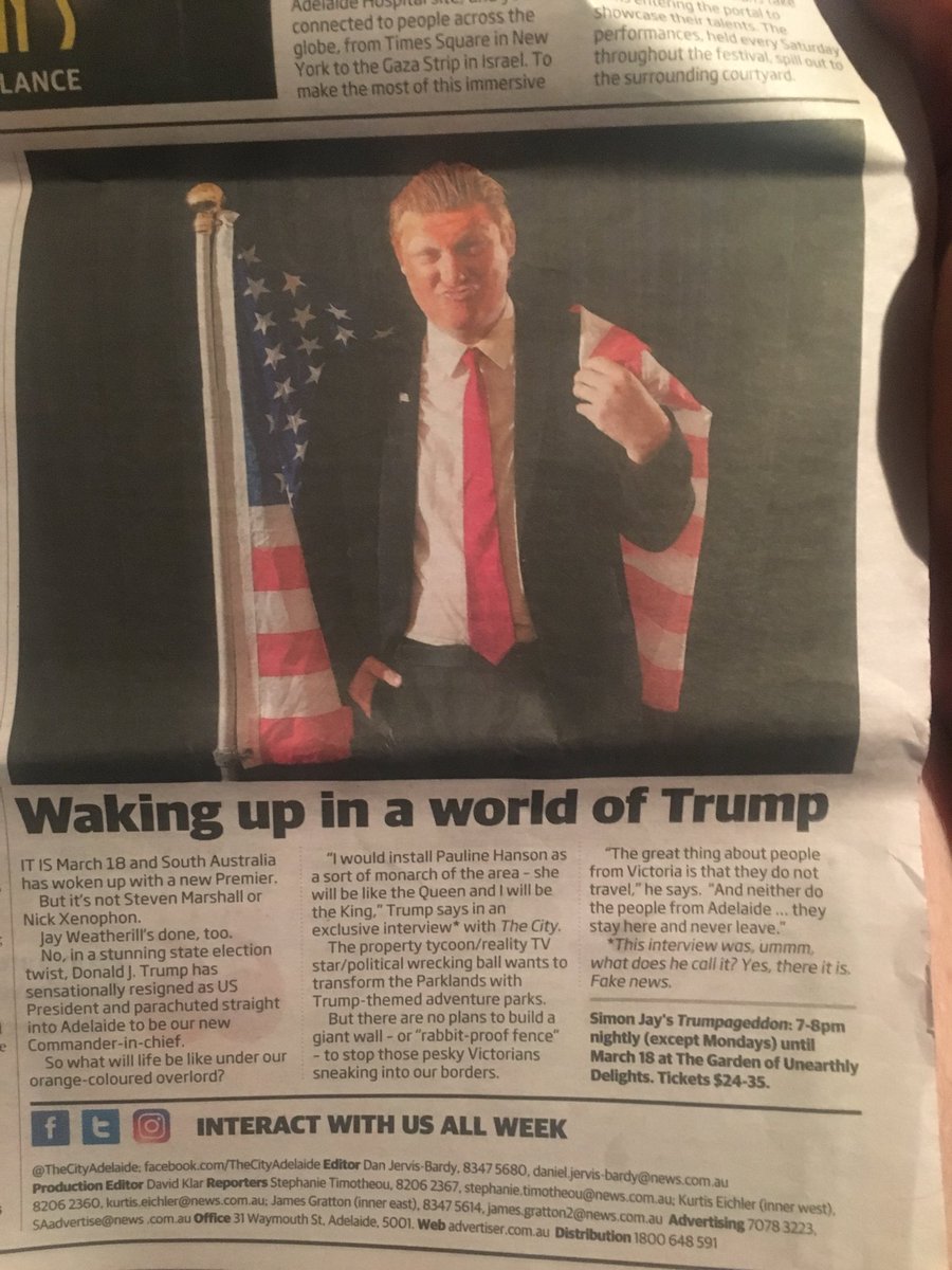 oopjojihug's tweet photo. Lovely to see my super attractive face in @TheCityAdelaide this week! For #Trumpageddon #SouthAustralia #adlfringe #goud18 https://t.co/GFyyVHRiIK