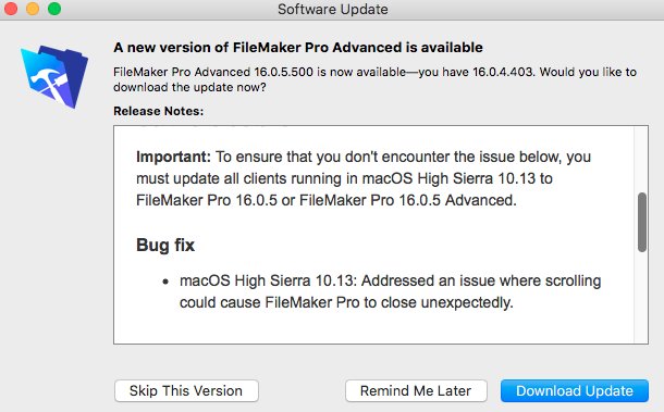 rah1m's tweet photo. New #Filemaker16 Client Update - v16.0.5.500 - Bug Fixes for macOS 10.13 https://t.co/7GzY91pb10