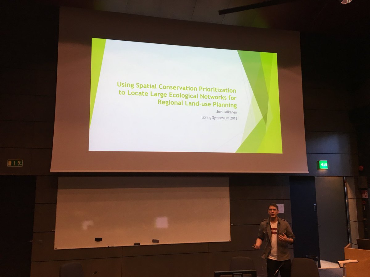 springsymposium's tweet photo. Joel Jalkanen is opening our last session, ‘Conservation and emerging threats’. His presentation is about using spatial conservation prioritization to locate large ecological networks #SpringS18 https://t.co/dx1OZLEMca