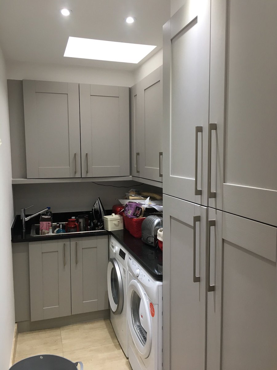 One of our #handpainted kitchens finish in @Tikkurila_UK Helmi 10. Previously oak and oak veneer. Primer used - Pegaprim Isofix (shellac based). #handpaintedkitchens #decorator #painter #painterdecorator  #kent #sevenoaks #tonbridge #selondon