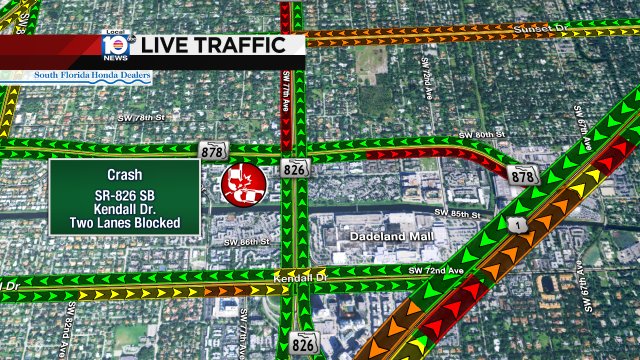 CRASH: SR-826 SB on your approach to Kendall Dr. Two lanes are blocked. Expect delays. #TRAFFIC #MIAMI https://t.co/QNImytUbMx
