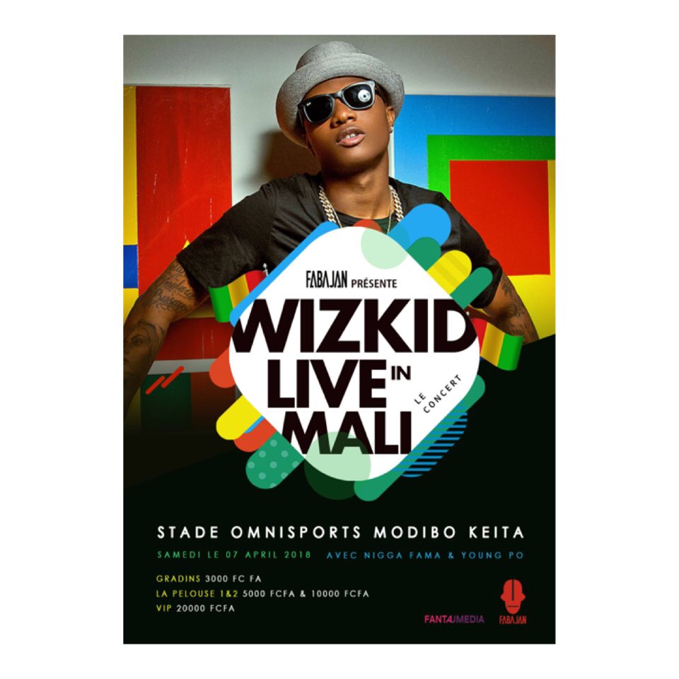 fantajmedia's tweet photo. Excited to announce #Wizkid LIVE in BAMAKO 7th April at Madibo Keita Stadium!!! @wizkidayo Let’s do thisssss  #Starboy x #FantaJMedia x Fabajan #Bamako #Mali  🇲🇱 🔥 🔥 💃🏾💃🏾 https://t.co/2jIH0Ou8ZT