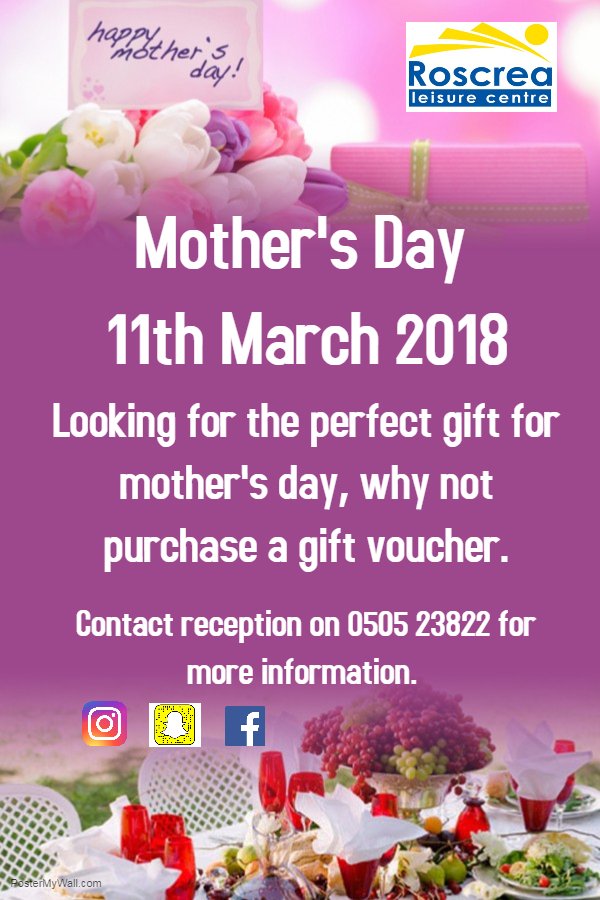 Roscrealc1's tweet photo. Mother's day is fast approaching don't forget to get a gift! Why not purchase a voucher here at Roscrea Leisure Centre! #MothersDay #gifts https://t.co/VXrpqTcRNI