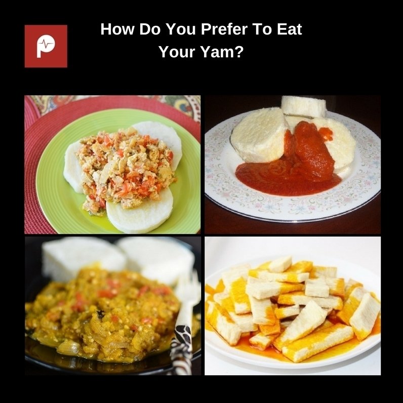 PulseNigeria247's tweet photo. How do you like your Yam served? 

A. Egg
B. Stew
C. Beans
D. Garden Egg Sauce
E. Others (tweet us)

#PulseTeaser https://t.co/Pmmw6QgQ9P