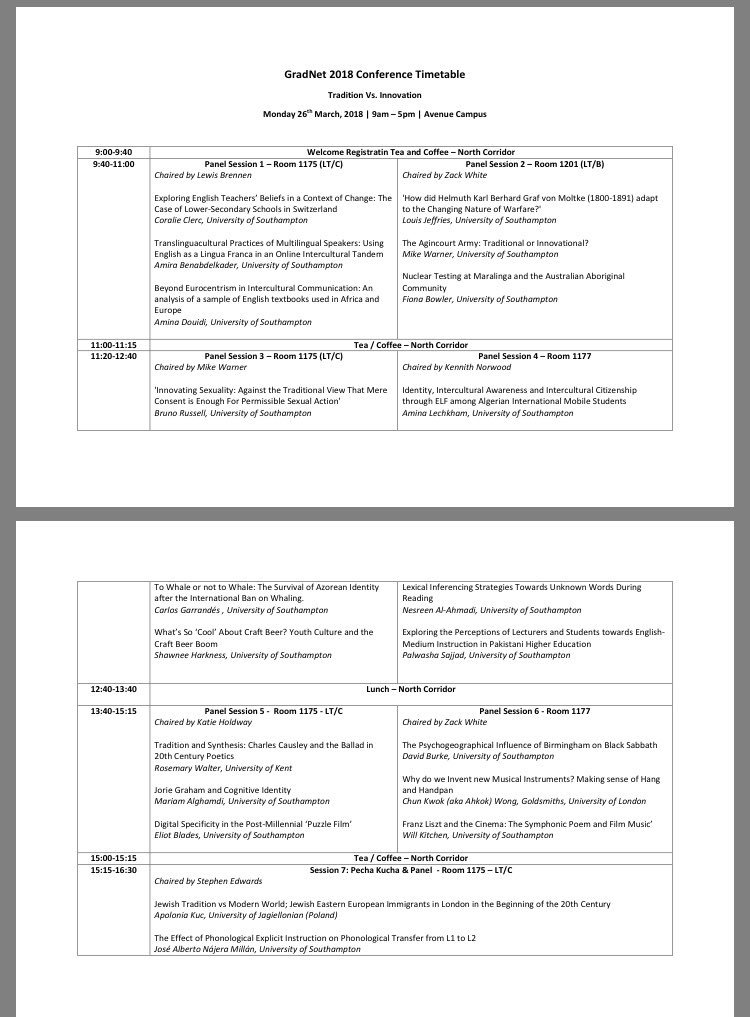 GradNetSoton's tweet photo. The Humanities Postgraduate Conference (GradNet) is on Monday 26th March 2018 on Avenue Campus, building 65 from 9.00am to 5.00pm. Here are the timetables! 

For more information about the conference and to sign up to attend, please go to: https://t.co/PCW77wxIlm https://t.co/fYRh3K1tx3