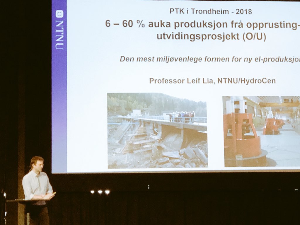 hegebrende's tweet photo. 6-60% økt prod. tilsv. 4000 GWh er realiserbart fra oppgradering av norske vannkraftverk🙌🏻 Og innenfor eksist. konsesjoner👍🏻 Prof. Leif Lia tar landing på PTK med positivt budskap til bransjen! @FMEHydroCen #taktskifte #PTK2018 #innovativ_vannkraft https://t.co/LOztkiwAGE