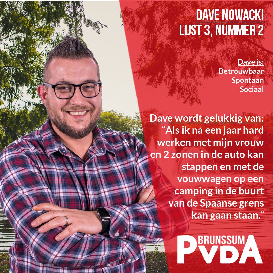 PvdABrunssum's tweet photo. Onze Dave op nummer 2! 
Hardwerkend én altijd in voor een lolletje, maar ook zeker iemand die van Brunssum een plek wil maken waar jong en oud kunnen en willen samenleven, -wonen en recreëren. Daarom stem #hupsakeeDaveoptwee #lijstdrie #brunssum #gr2018 #pvda https://t.co/Yy8dLCGEzT