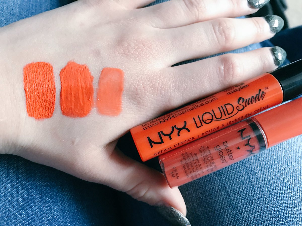 AniMurphyx's tweet photo. Absolutely loving @NYXCosmetics_UK liquid suede in Orange County and butter gloss in cherry cheesecake. They’re such a perfect match. I know what I’m wearing Friday night https://t.co/sB6RBmAoEM