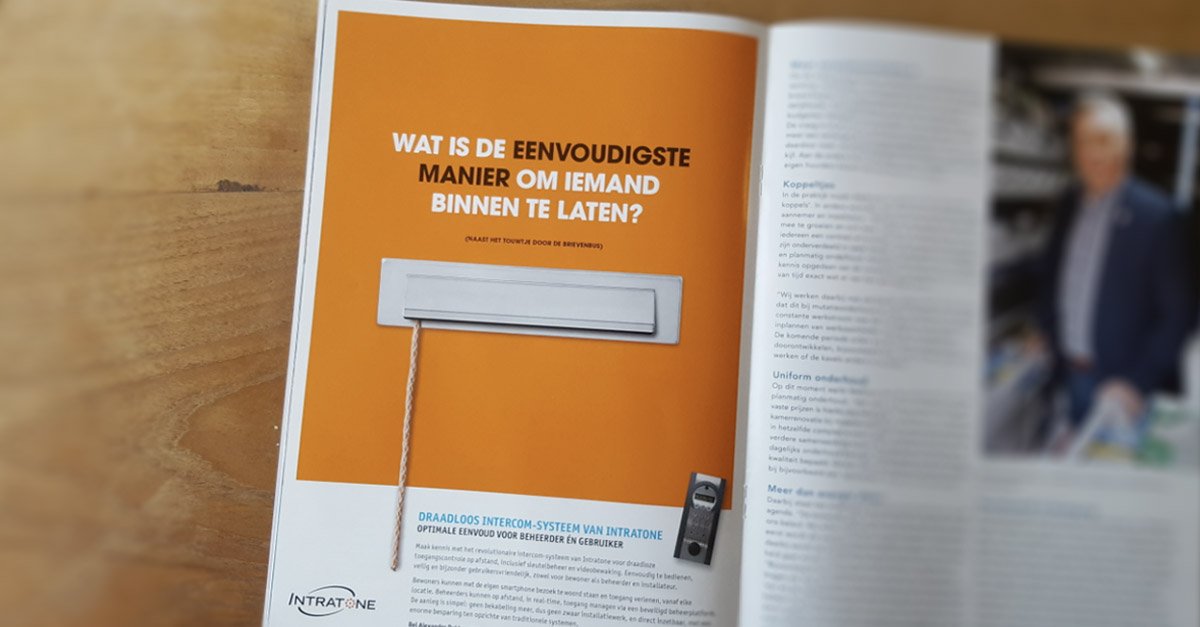 Intratone (intercom- en toegangssystemen) heeft Lemm en Ten Haaf/B2B gekozen voor het creëren van brand awareness en het genereren van leads. In de campagne speelt ‘het touwtje door de brievenbus’ (met dank aan Jan Terlouw) een belangrijke rol. intratone-home.nl