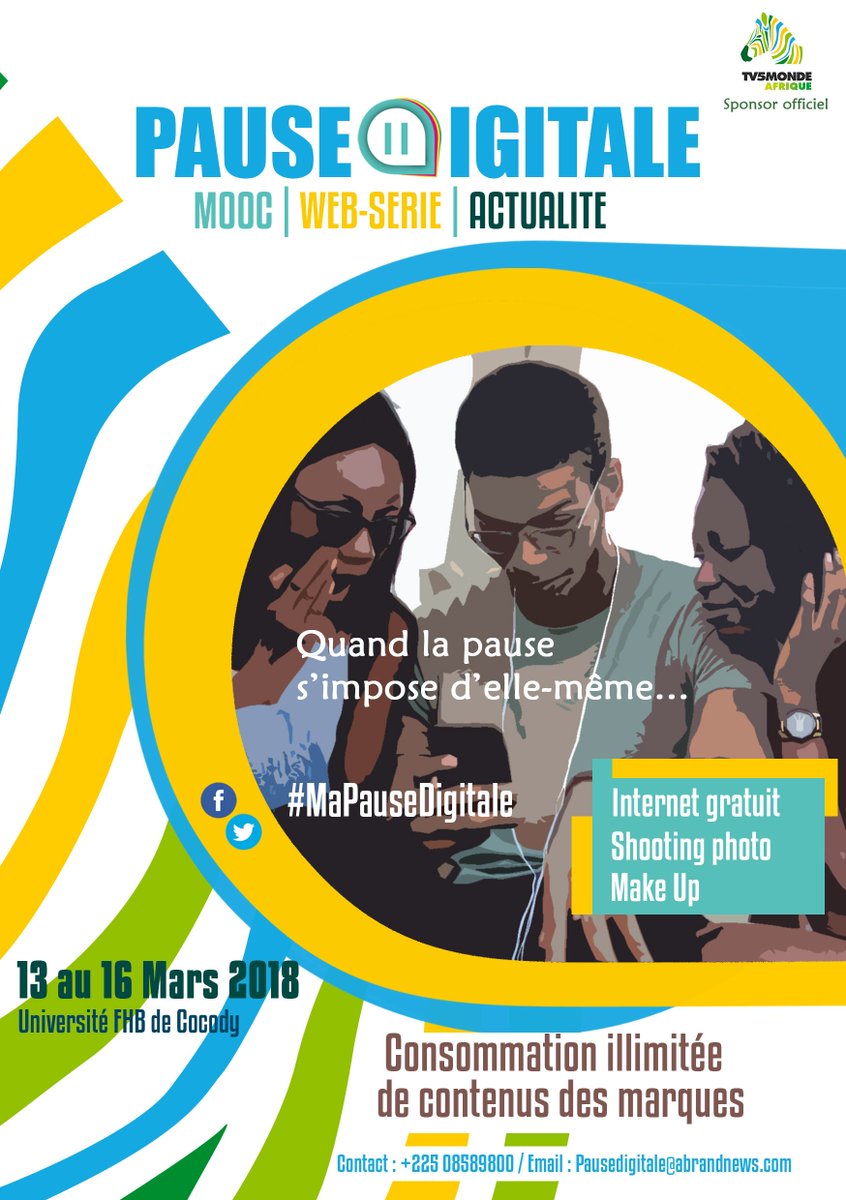 PauseDigitale's tweet photo. Envie de faire une #PauseDigitale.!!.Rejoins-nous à l'Université Félix Houphouet Boigny du 13-16 Mars 2018. #MaPauseDigitale avec @TV5MondeAfrique https://t.co/AknE8afp28