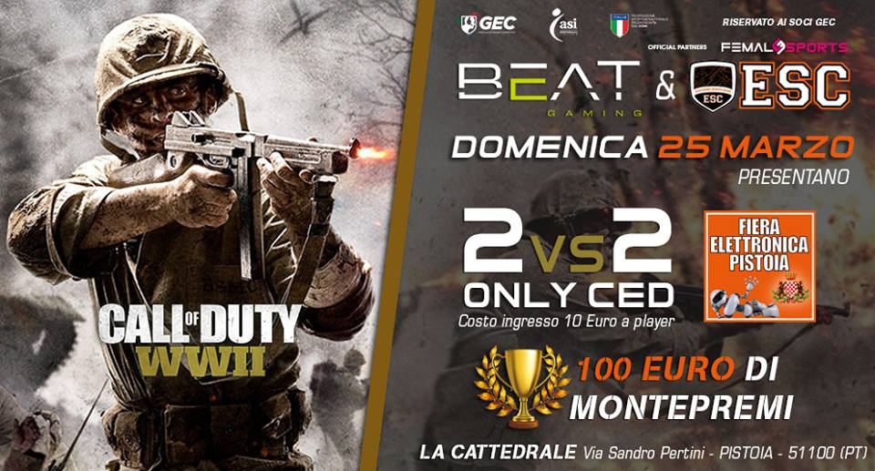 BeatGaming_'s tweet photo. Appuntamento da NON PERDERE con #BeatGaming !
In collaborazione con ESC e la presenza di @Female_eSports , presso La Cattedrale a Pistoia, si terrà un torneo 2v2 di #CallOfDutyWWII. https://t.co/wtL9xr7ZIf https://t.co/FtOkBSUH9B