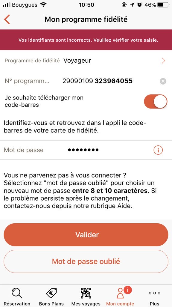 xmangel's tweet photo. @ouisncf Merci pour la repose. Je n’y arrive toujours pas à valider cette carte de fidélité en modifiant le mot de passe à 8 caractère. https://t.co/lIrdDoMq5E