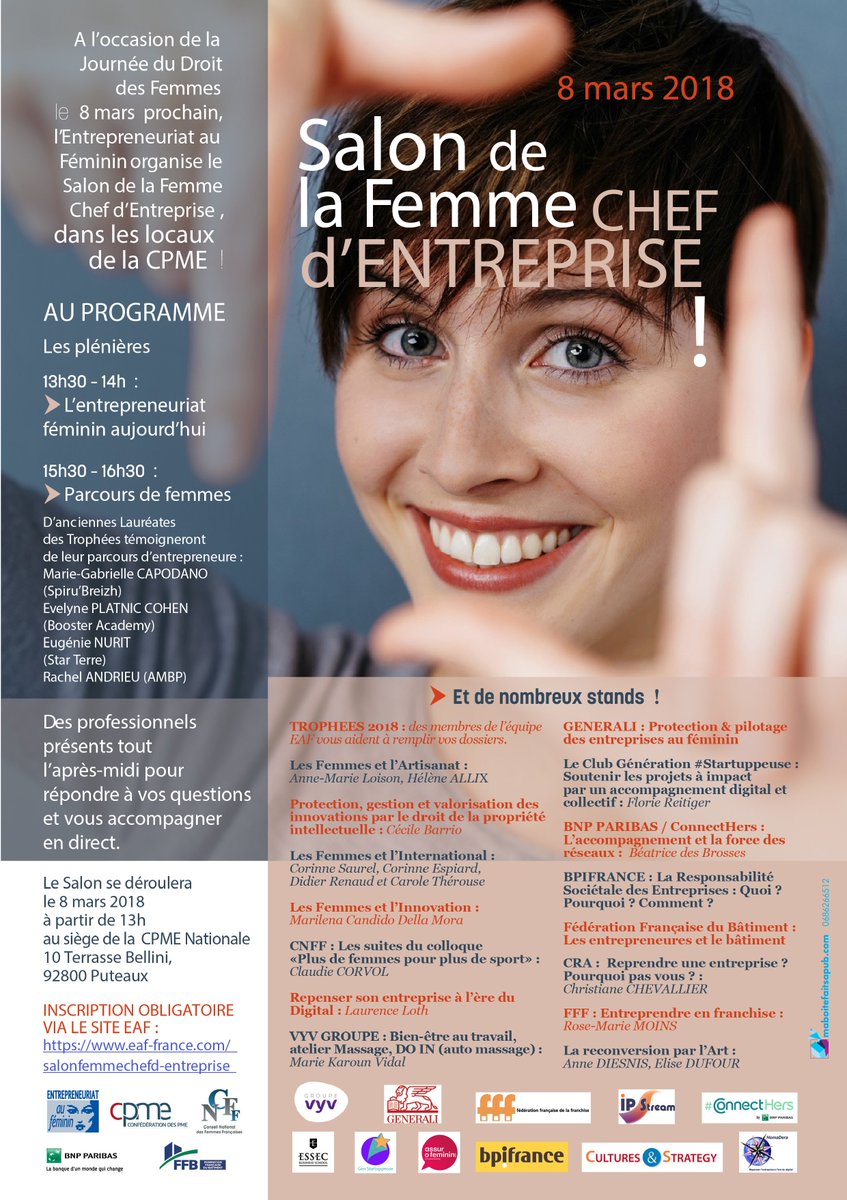 L'EAF organise demain à la <a href="/CPMEnationale/">CPME</a> le salon de la Femme Chef d'Entreprise ! De nombreux stands présents pour vous accompagner : #ConnectHers <a href="/mabanque_bnpp/">Ma Banque BNP Paribas</a> <a href="/FFBatiment/">FFB - Fédération Française du Bâtiment</a> <a href="/Franchise_FFF/">Franchise FFF</a> <a href="/CRA_asso/">C.R.A</a> <a href="/generalifrance/">Generali France</a> <a href="/CnfFrance/">CNFFrance</a> <a href="/Groupe_VYV/">Groupe VYV</a> <a href="/Bpifrance/">Bpifrance</a> <a href="/assurofeminin/">ASSUROFEMININ.COM</a> @Florie_Rtgr
