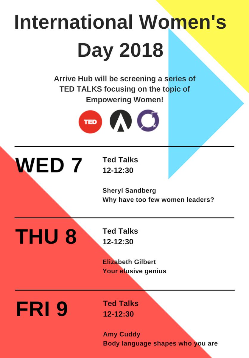 Make sure you head over to <a href="/arrive_mcuk/">ArriveMCUK</a> this lunch time to watch our @InternationalWomensDay themed screenings of TED Talks! 

#PressforProgress #InternationalWomensDay