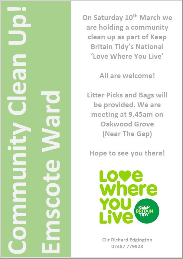 GapThe's tweet photo. Have you got a couple of hours to spare this Saturday morning? Then why not take part in Emscote Ward's Community Clean Up, which is part of Keep Britain Tidy's national 'Love Where You Live' campaign. All equipment will be provided! Meet at 9.45am - Oakwood Grove (near The Gap) https://t.co/3ka7m8FaOE