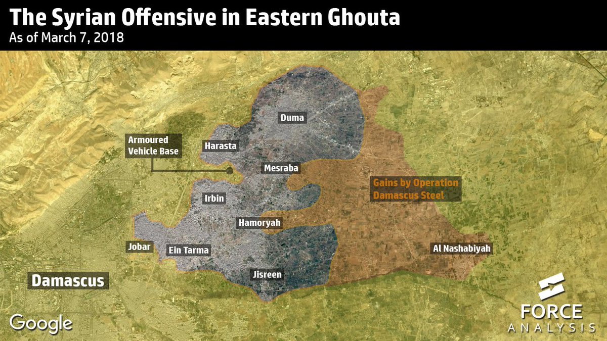 ForceAnalysis's tweet photo. As #Syria forces advance through the open terrain of #EasternGhouta Operation #DamascusSteel approaches the more challenging phases of the offensive near #Damascus

Read more here:
https://t.co/f24OwqGmDr https://t.co/Q1jNGAjiQ0