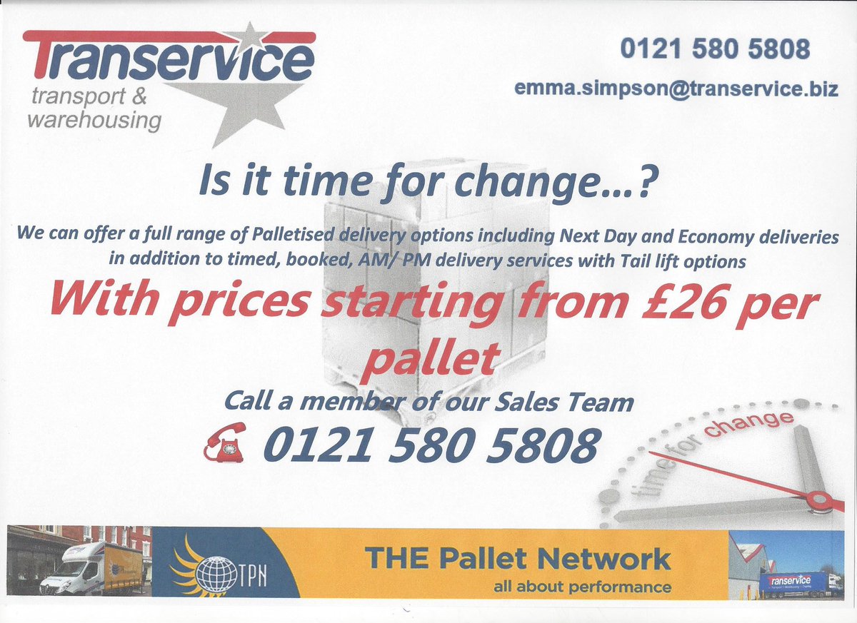 emmasimpson74's tweet photo. We provide a reliable, cost effective palletised delivery service with flexible collection times. #transervice #pallets #whenservicematters #reliability #service #westbromwich https://t.co/4ShOx7jJ2S