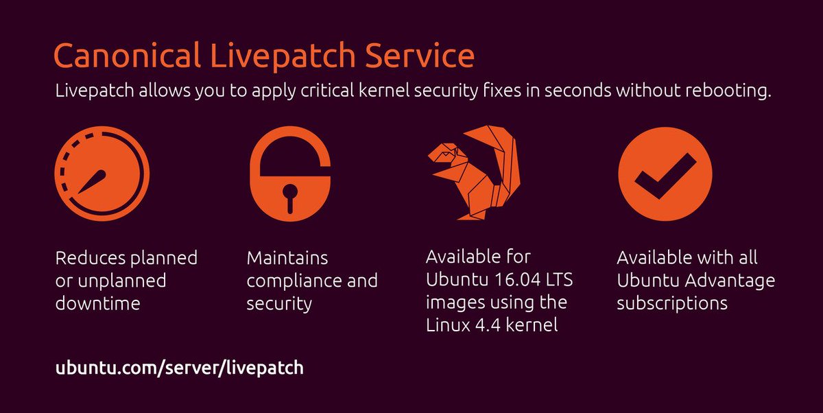 ubuntu's tweet photo. Canonical Livepatch Service is just one of the many benefits of using #UbuntuAdvantage! https://t.co/KyBOjHPkNR https://t.co/Ui2imMizfI