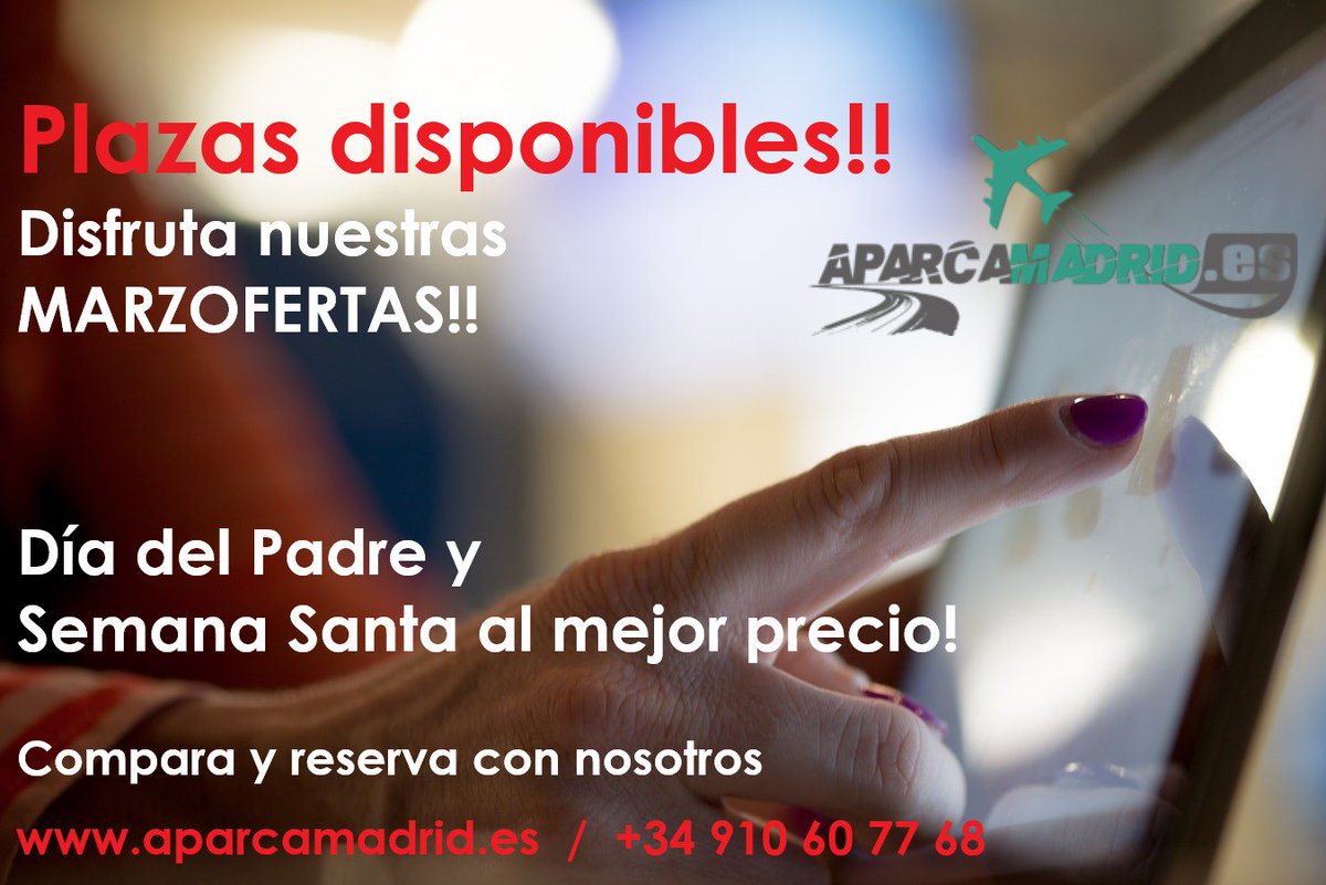 AparcaMadrid's tweet photo. Disfruta nuestras MARZOFERTAS!! Reserva tu plaza de #parking para #diadelpadre y #SemanaSanta2018 al mejor precio!! Servicio de calidad, rapido y confiable, la tranquilidad que ncesitas para viajar. #Travel #Espana #travelblogger #blogger #aparcamiento #aeropuerto #reservas #love https://t.co/DB1oDx9NPT