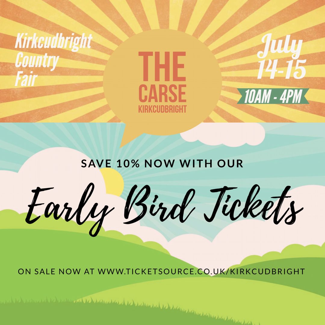 ***EARLY BIRD TICKETS***
Kirkcudbright Country Fair tickets can now be booked online with a fab 10% saving!  Be quick though, Early Bird bookings will close on Easter Monday at 5pm. PLUS we've added a new family ticket option this year!
Announcements will be made soon with acts!