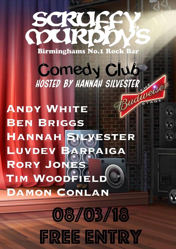 Scruffy Murphy's Comedy Club Brum. This Thursday 8th March. Downstairs cellar bar opens 7pm. Established acts doing new stuff at Birmingham's legendary rock pub. Free Entry. <a href="/DamonConlan/">Professor Dai Conlan</a> @thebenbriggs  <a href="/AndyJWhite/">Andy White - Comedian (He/Him)</a> <a href="/rj_rory/">Rory Jones</a> <a href="/LBarpaga/">Lovdev Barpaga</a> @ShamZamanComedy @LozMonmothma