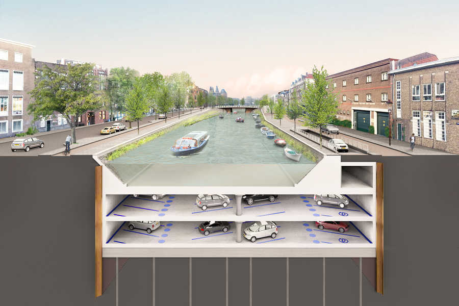 ZJArch's tweet photo. #AlbertCuypgarage onder de #Boerenwetering; een uniek project in Amsterdam. Eerste parkeergarage onder bestaande gracht in Amsterdam. Hierdoor meer ruimte op straat voor voetgangers, fietsers en groen. Ontwerp #ZJA @StadsdeelZuid #MaxBogle @Paulslettenhaar @VolkerSF @AmsterdamNL https://t.co/4htHb8L2LN