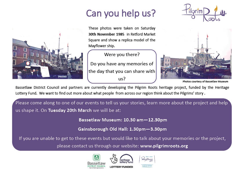 NorthNottsBID's tweet image. Come and share your memories, give us feedback about our Pilgrim Roots project at 2 consultation events. We'd love to hear from you @PilgrimRoots #mayflower400 @BassetlawMuseum @HLFEastMids