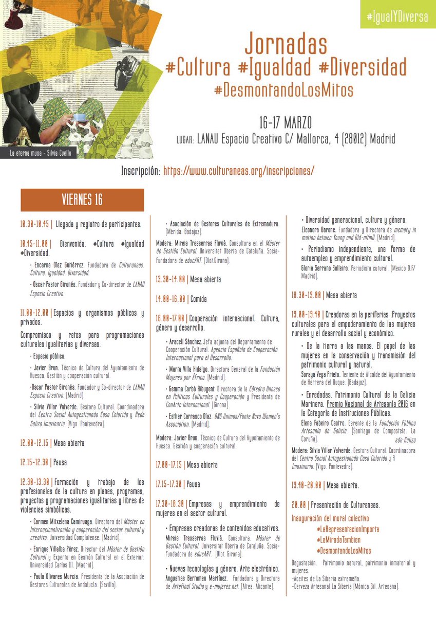 En la <a href="/unicomplutense/">Complutense</a> nos importan la #igualdad y la #diversidad en la #cultura. Por eso os invitamos a estas jornadas organizadas por <a href="/culturaneas/">Culturaneas</a> y <a href="/LANAUespacio/">LANAU</a> en las que tenemos el placer de participar. #DesmontandolosMitos🗓️ 16 y 17 marzo. 👉 culturaneas.org/inscripciones/