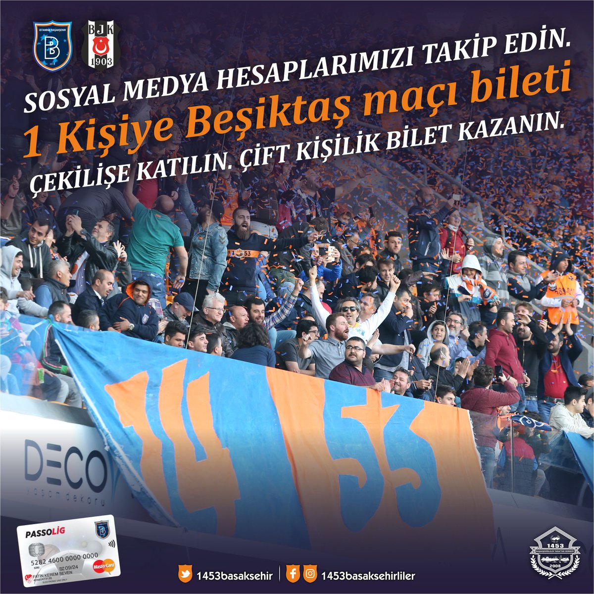Görsele 3 arkadaşını etiketle, gönderiyi rt yap, sayfamızı takip et. Başakşehir-Beşiktaş maçına çift kişilik bilet kazan.
Kampanya Katılım Koşulları için: facebook.com/1453basaksehir…