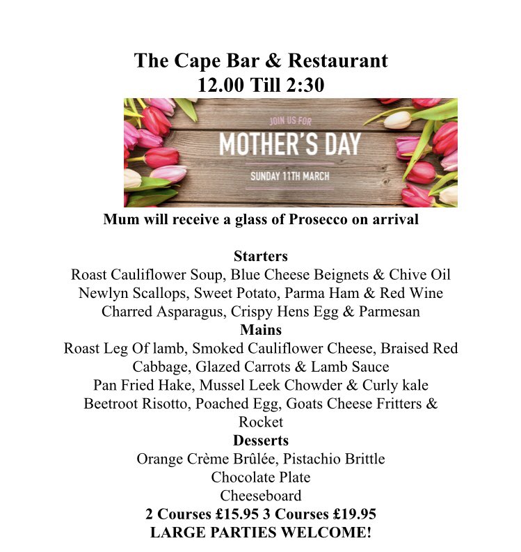 TheCapeCornwall's tweet photo. We still have a few tables left for Mother’s Day! call 01736788611 to book 💐❤️ https://t.co/SfOXKif4cT