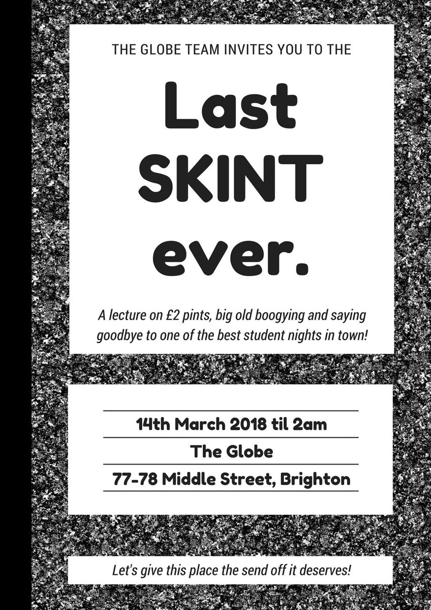 Second to last SKINT ever at The Globe tonight!

So if you like cheap drinks and good music this is for you!