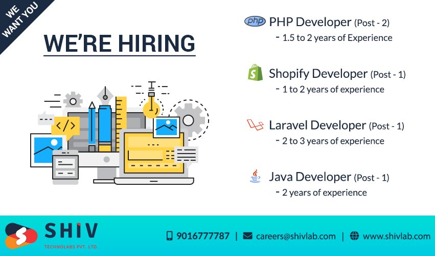 Shiv_Technolabs's tweet image. Job Opening for #Shopify_Developer #laravel_Developer #Java_Developer #PHP_Developer
Interested Candidates Contact Us Now
Email Id:- careers@shivlab.com
Mobile Number:- (+91) 9016777787