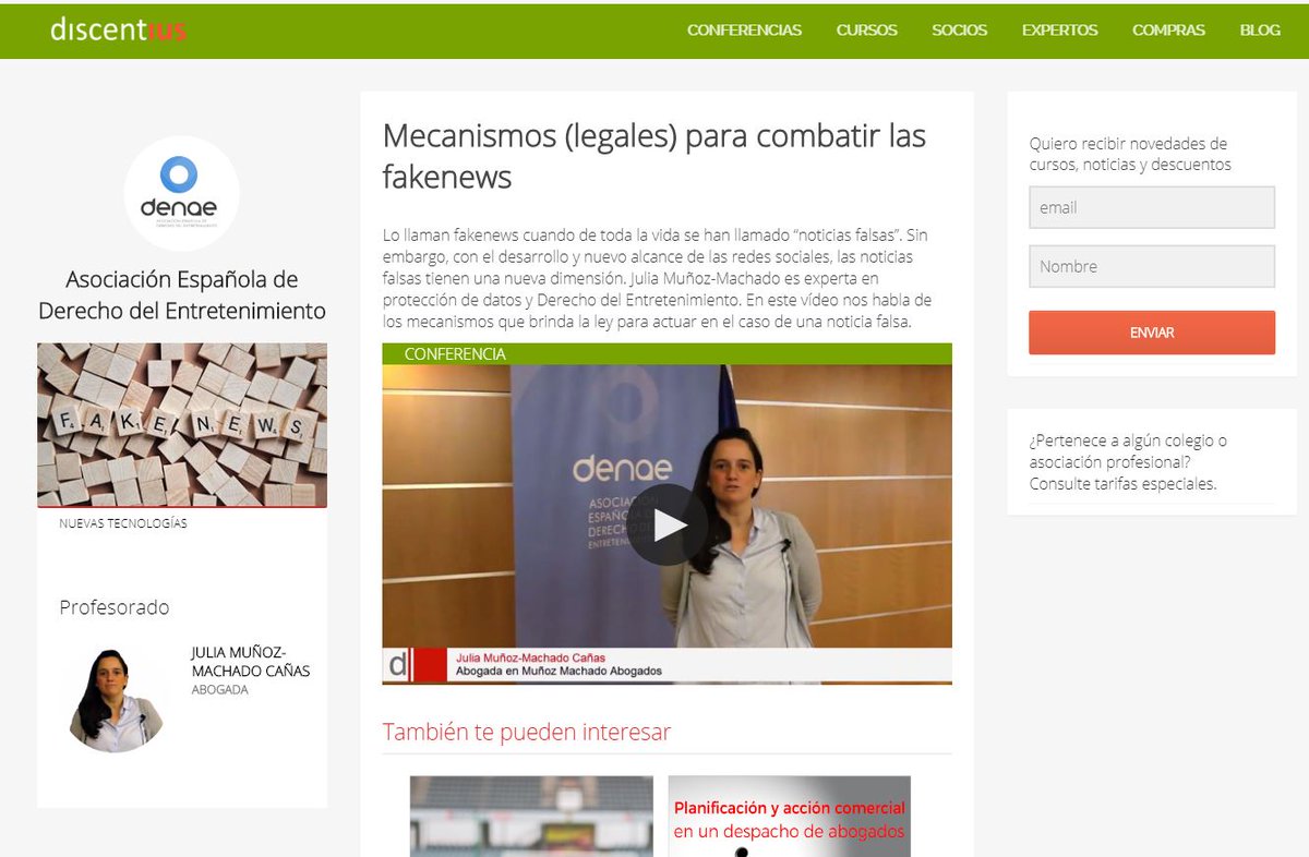 discentius's tweet photo. Mecanismos (legales) para combatir las #fakenews #video de Julia Muñoz-Machado #DENAE @asociaciondenae https://t.co/C3206EAjv8 https://t.co/Nae0rQp0US