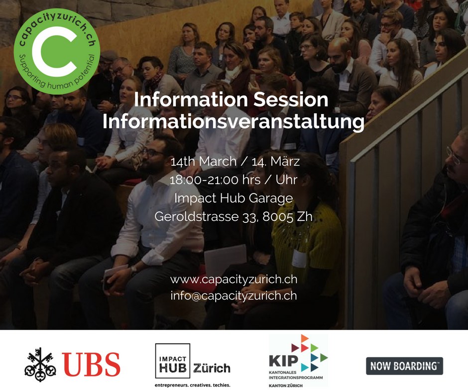 CapacityZurich's tweet photo. Nur noch eine Woche bis zur Infoveranstaltung von Capacity! Jeder der Unternehmer_In, Mentor_In oder Trainer_In werden mรถchte, ist herzlich eingeladen, an der Veranstaltung teilzunehmen. Registrieren sie sich hier unter: https://t.co/MLxhLI7bx0 #Capacity2018 #CapacityZHEmpowers https://t.co/IXBYzqGIF1