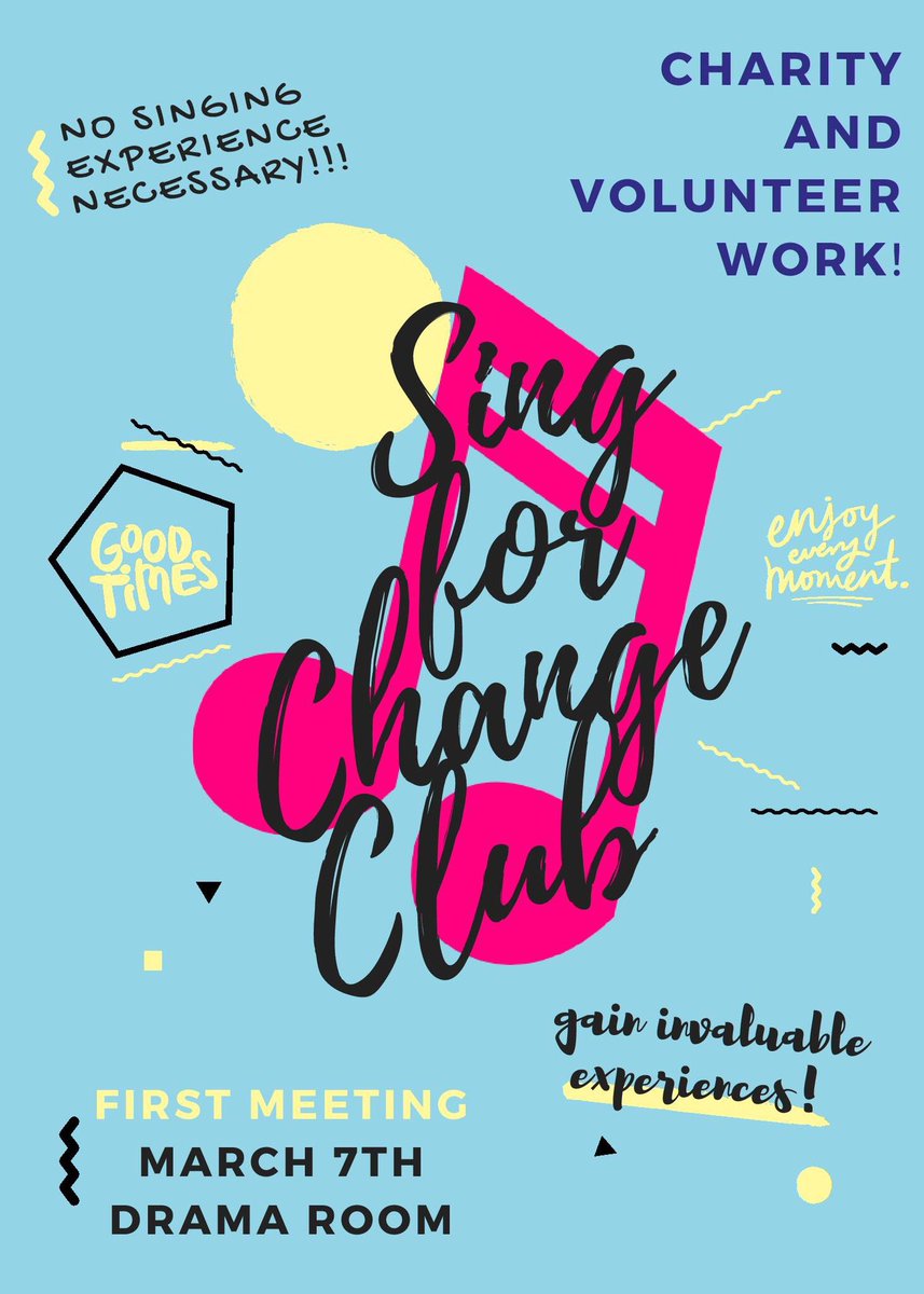 Do you enjoy singing? Do you like to give back to the community? If you said yes to any of these two questions, then join STL's first Sing For Change Club!  Meeting will be held on Wednesday, March 7th in the drama room from 2:30 to 3:30 PM. See you all there!!!