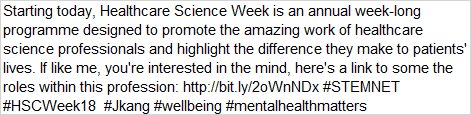 Jazz_Kang_'s tweet photo. Starting today, Healthcare Science Week is an annual week-long programme designed to promote the amazing work of healthcare science professionals. If like me, you're interested in the mind, watch https://t.co/nS84tmWQPy #STEMNET #HSCWeek18  #Jkang #wellbeing #mentalhealthmatters https://t.co/SLqohBpt7E