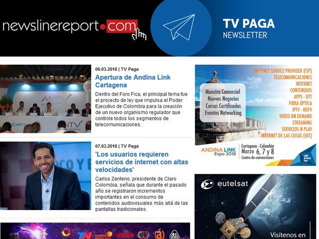 Lea las noticias del Mercado de TV paga en el Newsletter especial de Andina Link Cartagena , tras la primera jornada del evento #AndinaLink2018 <a href="/andinalink/">Andina Link</a> @ALatinexpo <a href="/ClaroColombia/">Claro Colombia</a> <a href="/ANTVColombia/">Autoridad Televisión</a> @AZTVdePaga 
app.newslinereport.info/s/?15037.1264.…